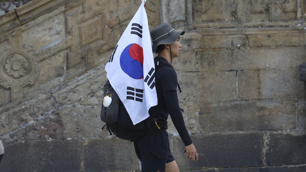 Un peregrino de Corea del Sur pasa por delante de la Catedral con una bandera de su pa�s