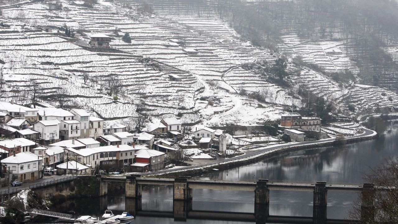 La nieve que deja el temporal cubre los bancales de las viñas de la Ribeira de Belesar.