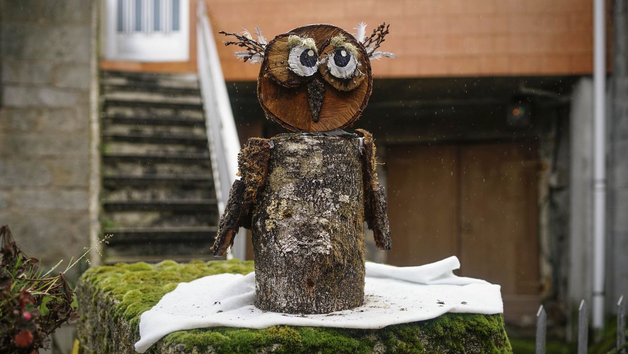 adornos reivindicativos.En Neboeiro decoraron el pueblo con motivos naturales y reivindican una mejor conexión a Internet