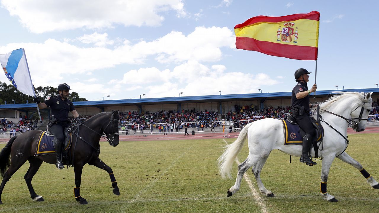 Exhibicion de la Policía Nacional para los escolares de Ribeira con helicoptero, caballería, perros de rastreo