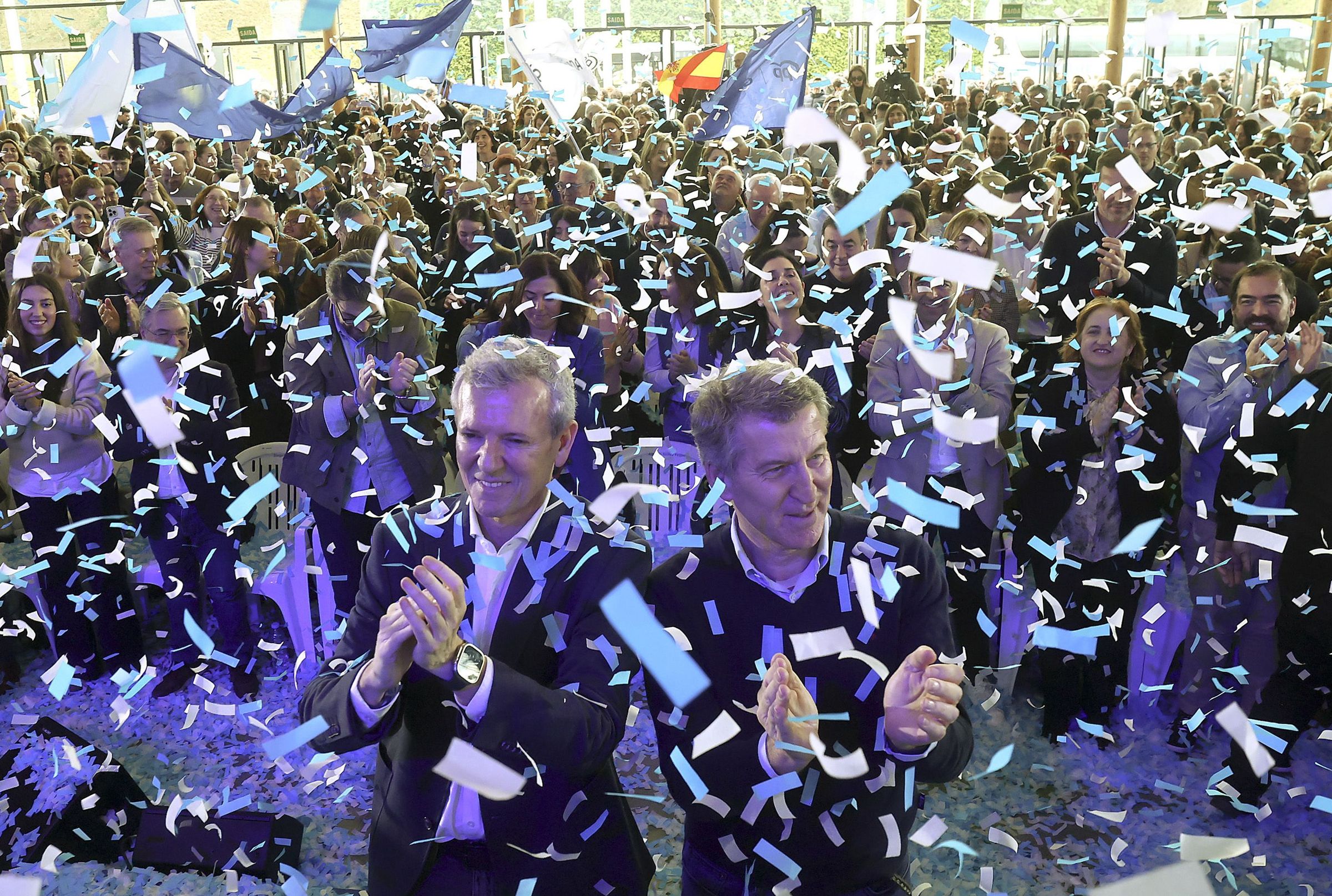 Alfonso Rueda e Alberto Nez Feijoo ao remate do acto do primeiro aniversario da vitoria electoral nas eleccins autonmicas do 18F. 15/02/2025