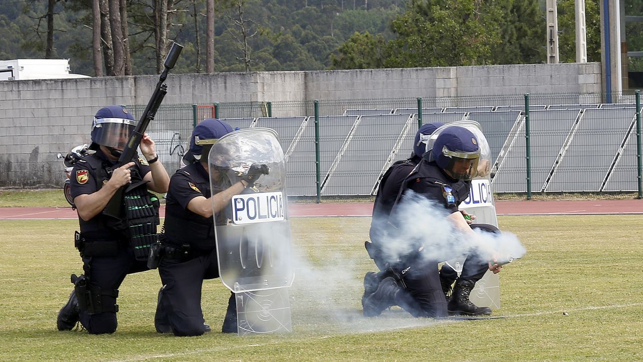 Exhibicion de la Policía Nacional para los escolares de Ribeira con helicoptero, caballería, perros de rastreo