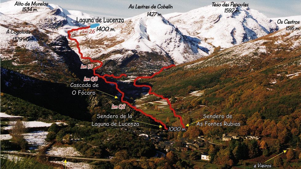 Plano de la ruta que une la localidad de A Seara con la laguna de Lucenza