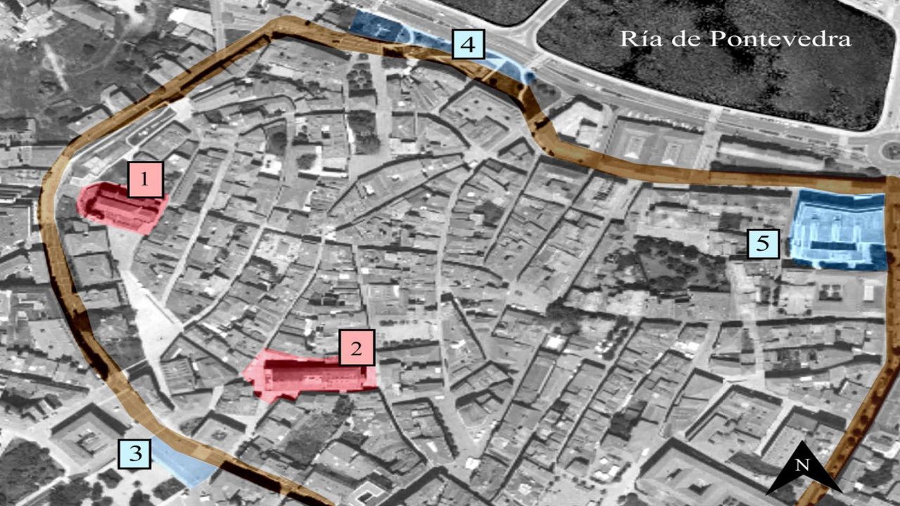 i+d, i+d+i, innovaci�n, rob�tica.El mapa indica los lugares de la ciudad de Pontevedra donde se obtuvieron las piezas dentales de 34 esqueletos de los siglos XIII a XVIII: Santa Mar�a (n�1), San Bartolomeu (n�2), Praza de Espa�a (n�3), Ponte do Burgo (n�4), Ampliaci�n do Museo de Pontevedra (n�5)