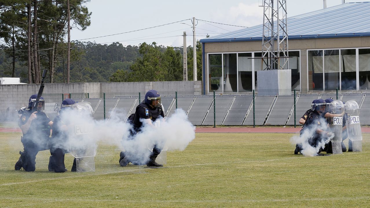 Exhibicion de la Policía Nacional para los escolares de Ribeira con helicoptero, caballería, perros de rastreo