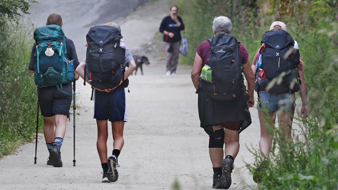 Un grupo de peregrinos realizan el Camino de Santiago
