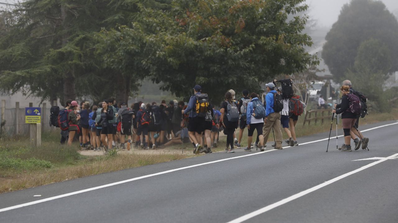 Peregrinos cruzan la carretera en la zona de O Pino, en uno de los puntos m�s peligrosos del Camino en su llegada a Santiago