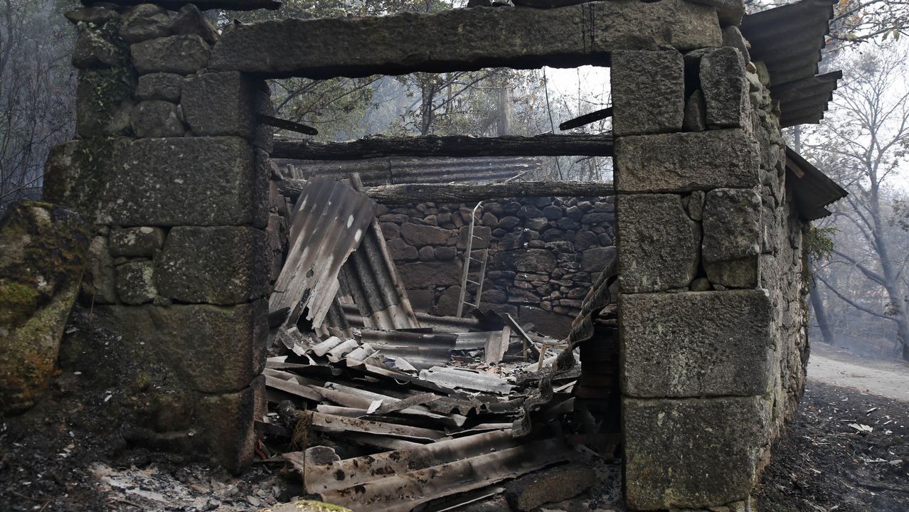 Casas quemadas en Moces (Concello de Melón) a causa del incendio forestal.
