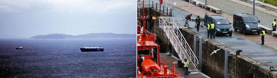 El mercante «Baltic Breeze» en la ría / Llegada de un cuerpo al puerto