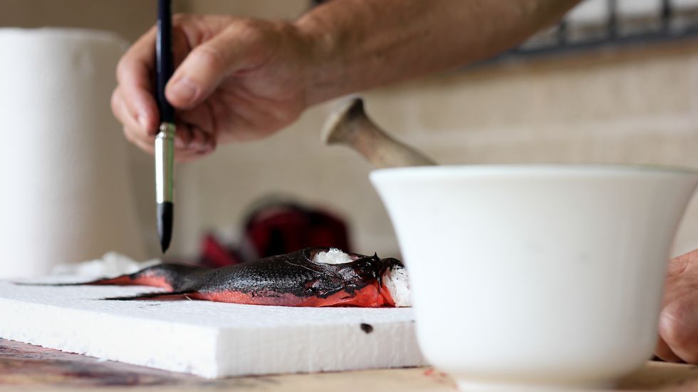peixes de tinta.Esteban Bernárdez comprueba que todas las escamas del pez están entintadas
