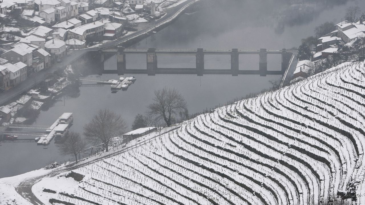La nieve que deja el temporal cubre los bancales de las viñas de la Ribeira de A Ermida.