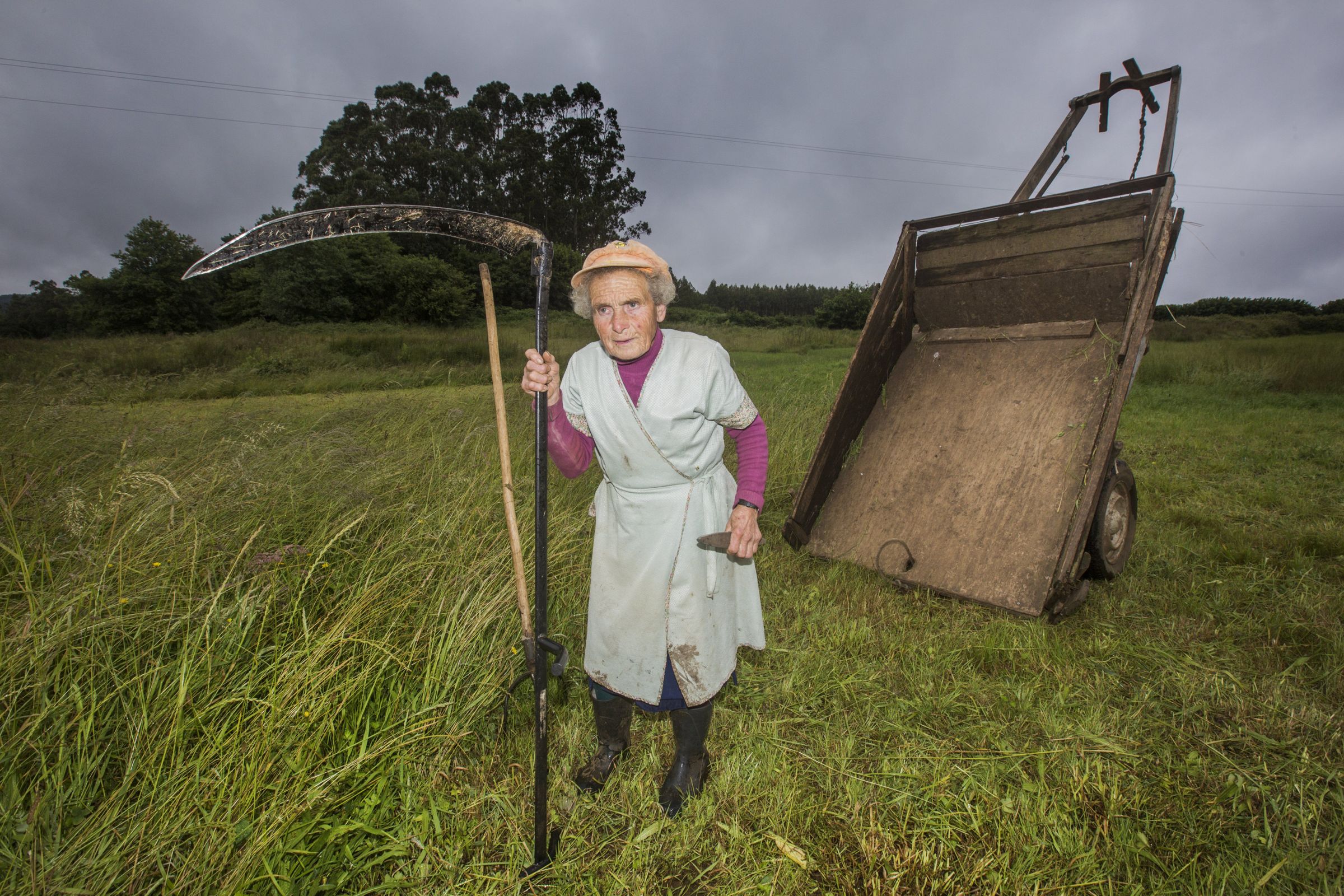  Para Herminia � outro d�a m�is de ver�n en Oza. Concello de Carballo. Na imaxe � lado do seu carro  a punto de comezar a segar a herba coa s�a gada�a. 21/06/2021