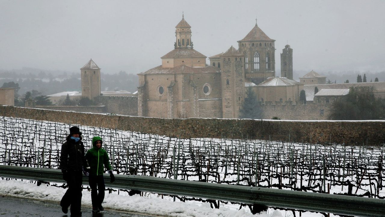 Una pareja pasea delante del Monasterio de Poblet (Tarragona)
