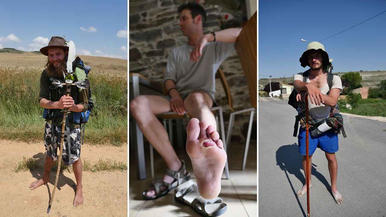 Los pies son los grandes sufridores del Camino. Solo hay que ver los de Marco Julio, un peregrino de Alicante al que vimos en Villafranca (en el centro). Hemos visto además a peregrinos que iban descalzos, como Gildas Nicot, de la Bretaña francesa y al que vimos en Burgos (derecha) o Tamino Henrich, un suizo que también vimos en tierras burgalesas