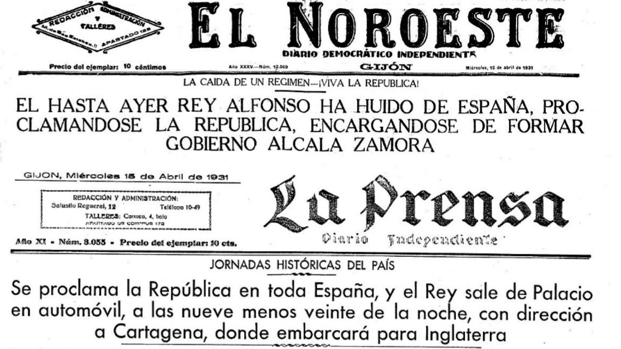 Portadas de 'El Noroeste' y 'La Prensa' el 15 de abril de 1931, tras la proclamación de la República 