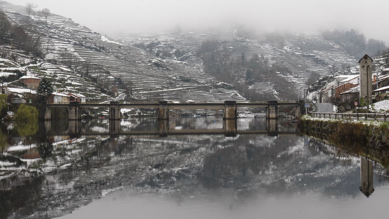 La nieve que deja el temporal cubre los bancales de las viñas de la Ribeira de Belesar.