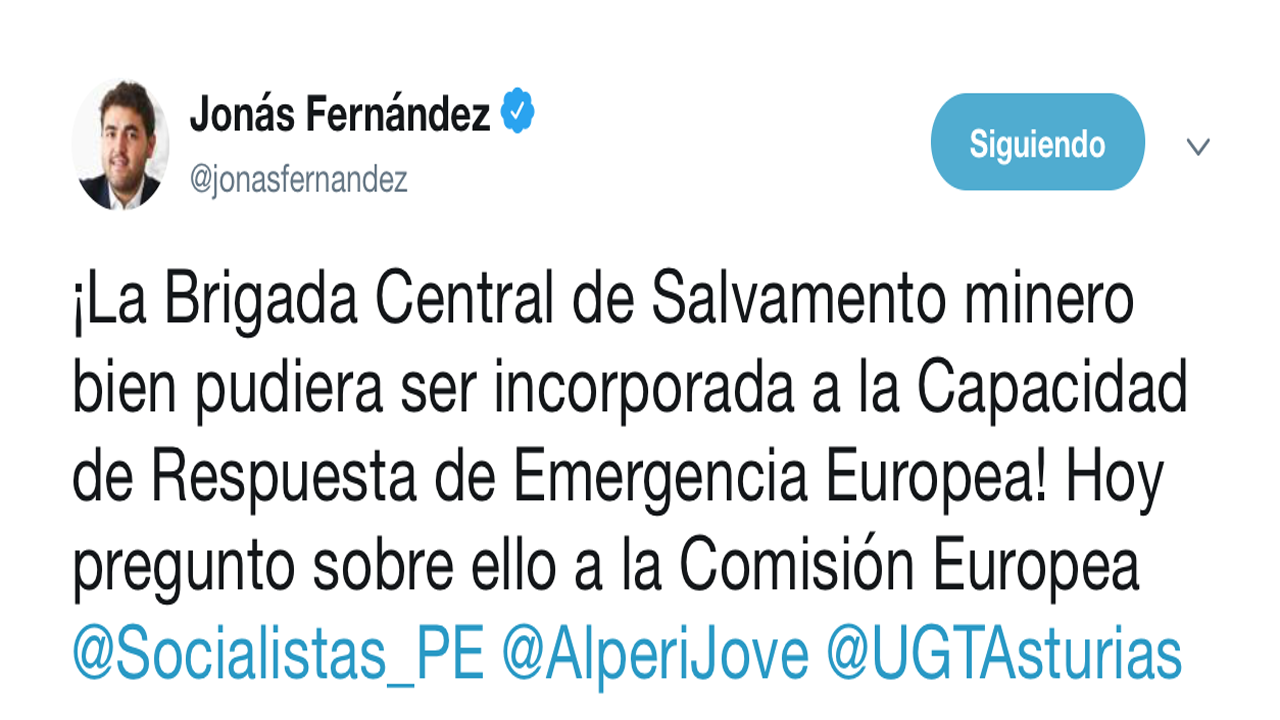 Tuit de Jonás Fernández sobre la cuestión de incorporar la Brigada de Salvamento al servicio de emergencias europeo