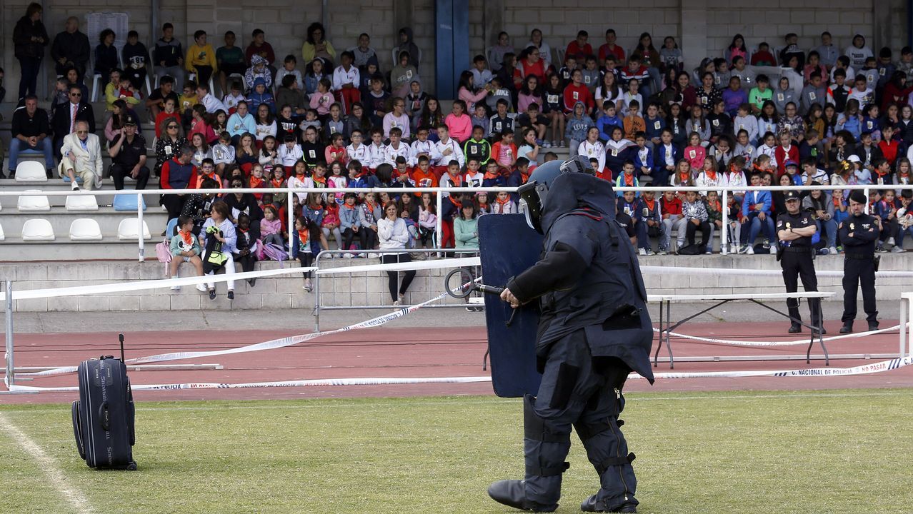 Exhibicion de la Policía Nacional para los escolares de Ribeira con helicoptero, caballería, perros de rastreo