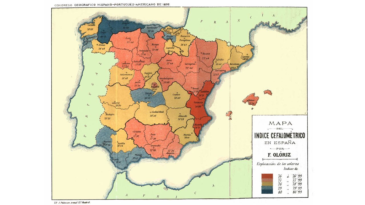 Mapa de craneometría en la península, de finales del siglo XIX