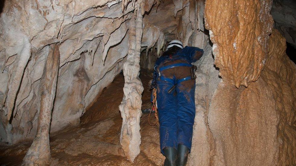 En la gruta abundan las formaciones calizas de diversos tipos, como estalactitas, estalagmitas, coladas y banderolas