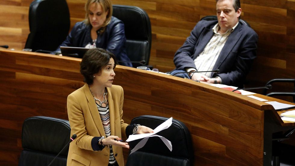 La consejera de Hacienda, Dolores Carcedo, interviene en el pleno de la Junta General, ante la mirada de Marcelino Marcos Líndez