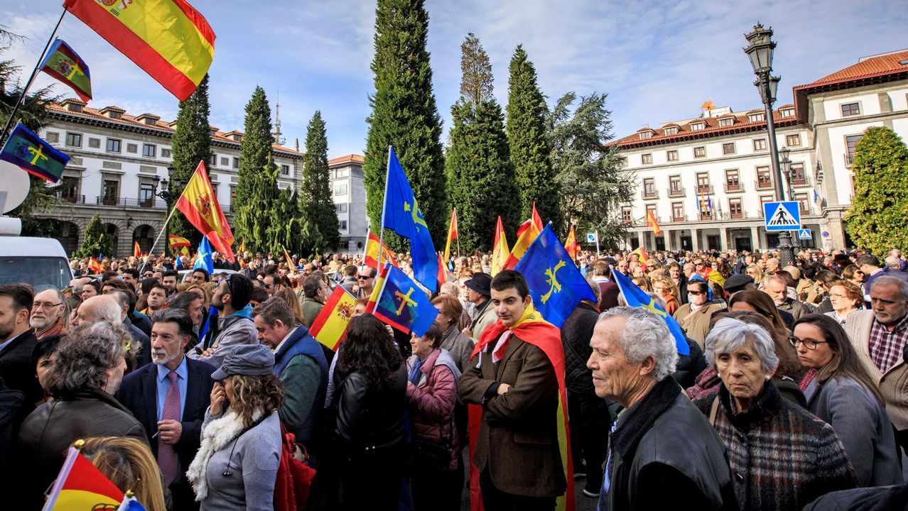 El vicepresidente de Foro, Francisco Álvarez-Cascos; la presidenta del PP de Asturias, Mercedes Fernández y la presidenta de Foro y candidata a la Presidencia del Principado, Carmen Moriyón, durante la manifestación convocada por Foro Asturias «en defensa de la unidad indisoluble de España frente a las cesiones del Gobierno sanchista al independentismo»