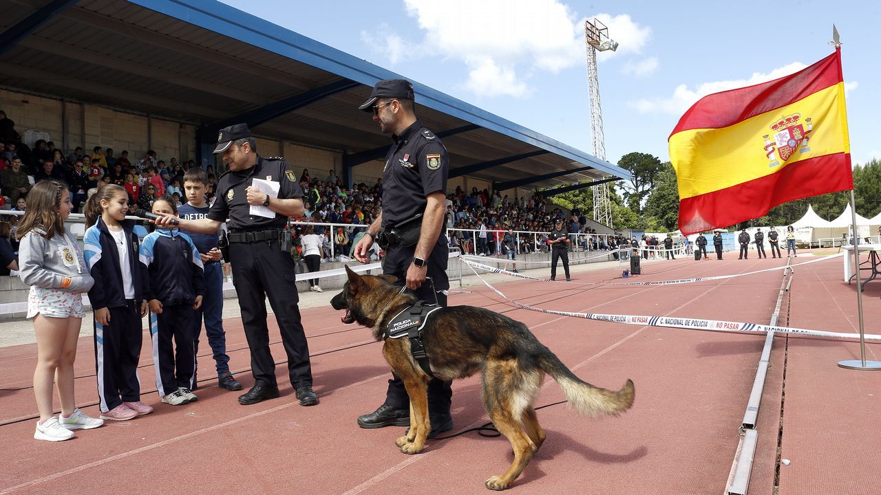 Exhibicion de la Policía Nacional para los escolares de Ribeira con helicoptero, caballería, perros de rastreo